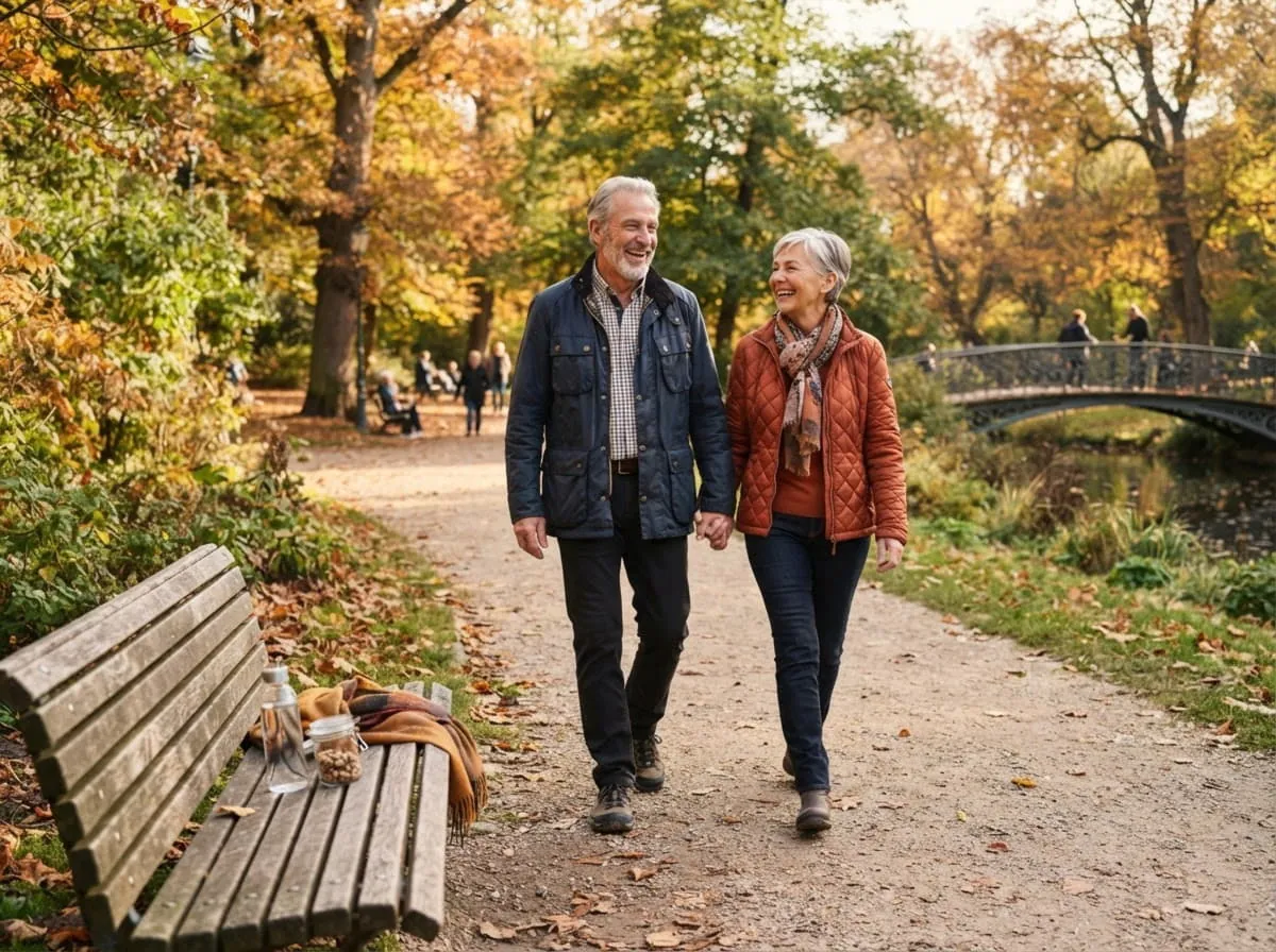 Para seniorów na jesiennym spacerze — komfort ruchu na co dzień